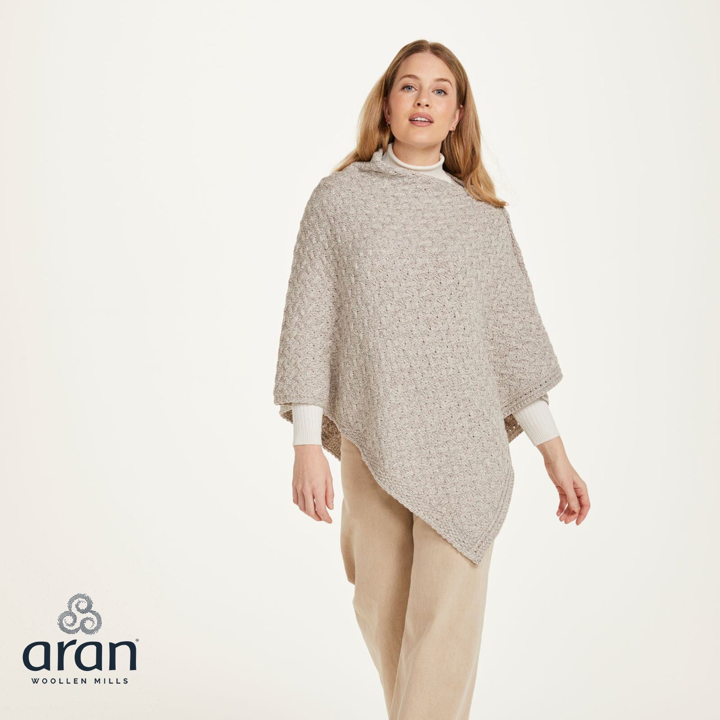 Ladies Aran Super Soft Merino Oatmeal Poncho
