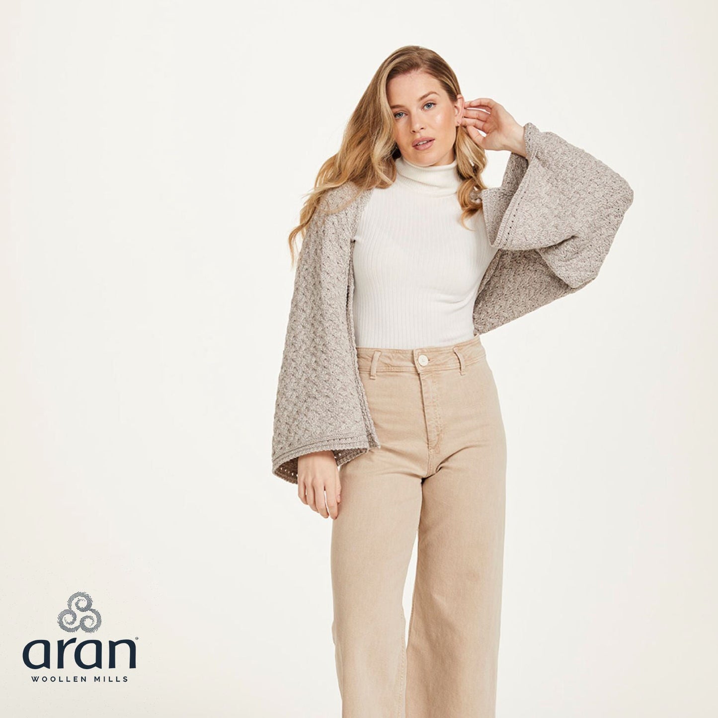 Ladies Aran Super Soft Merino Oatmeal Poncho