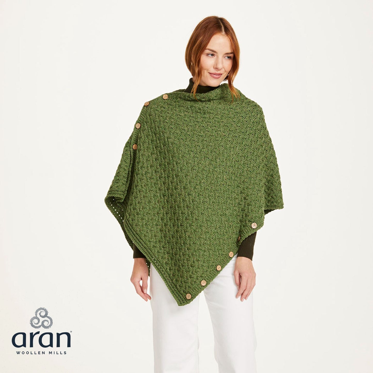 Ladies Aran Super Soft Merino Green Poncho