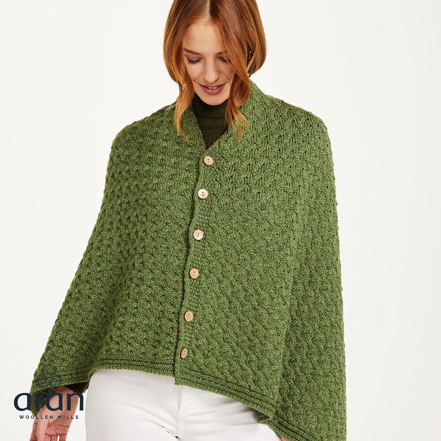 Ladies Aran Super Soft Merino Green Poncho