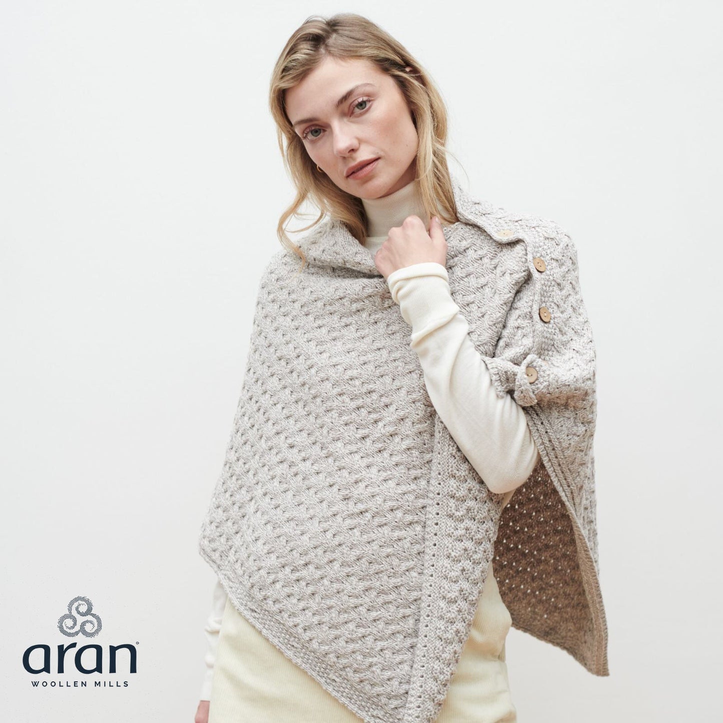 Ladies Aran Super Soft Merino Oatmeal Poncho