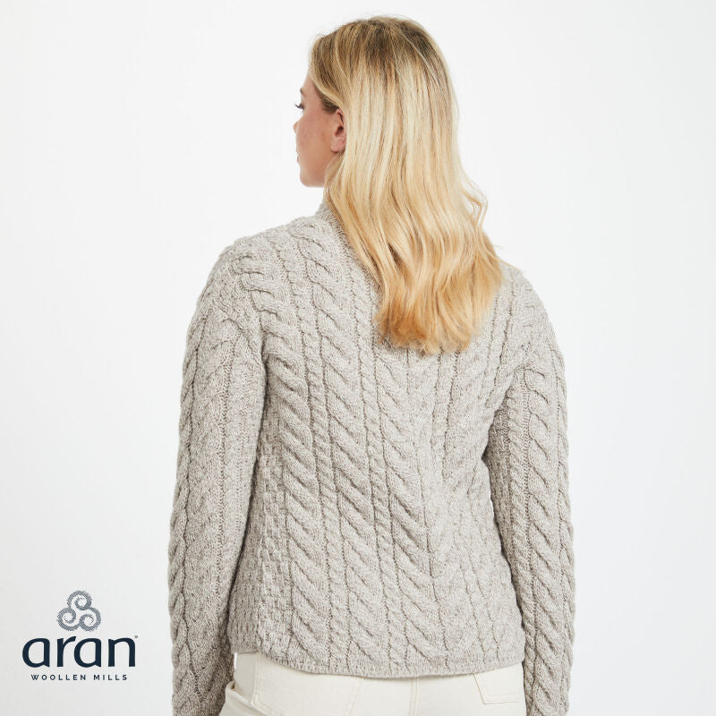 Ladies Luxury Merino Wool Trellis Multi Aran Cable Knit Cardigan Oatmeal