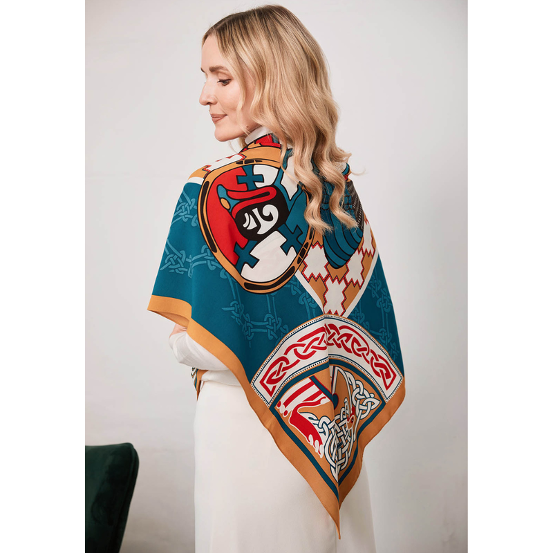 Ladies Celtic Bird Square Scarf Teal & Gold