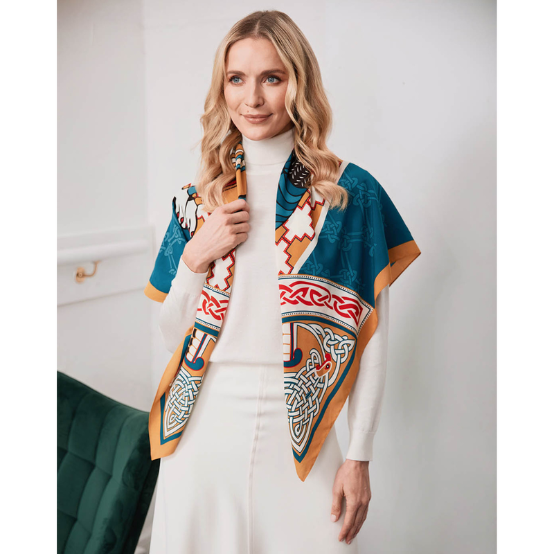Ladies Celtic Bird Square Scarf Teal & Gold