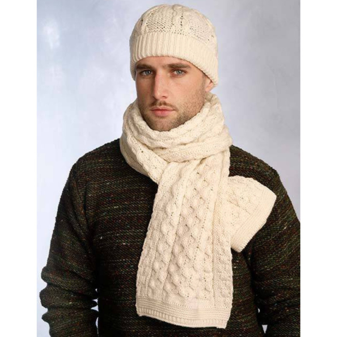Merino Wool Honeycomb Hat & Scarf Set Natural