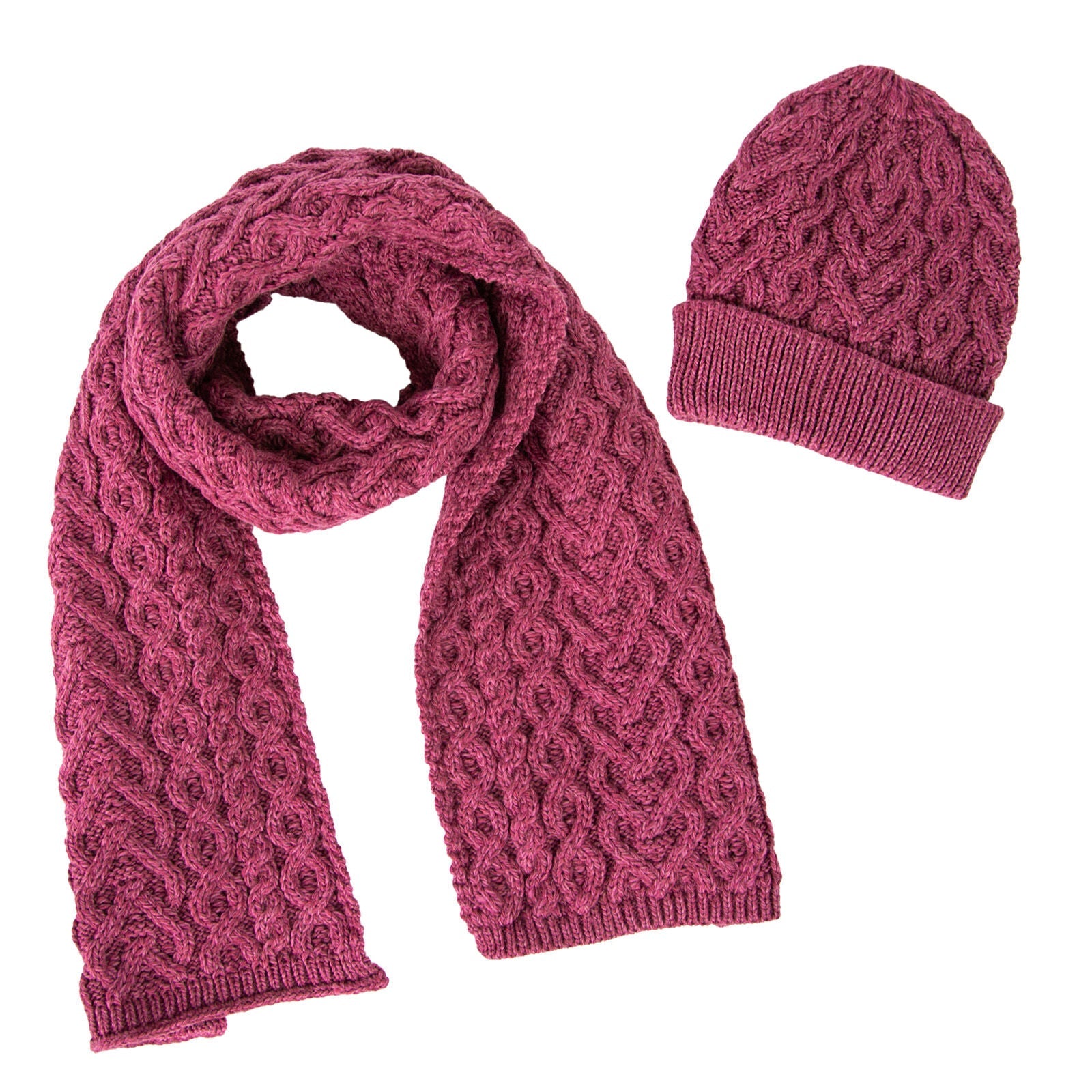 Merino Wool Heart Designed Hat & Scarf Set Magenta