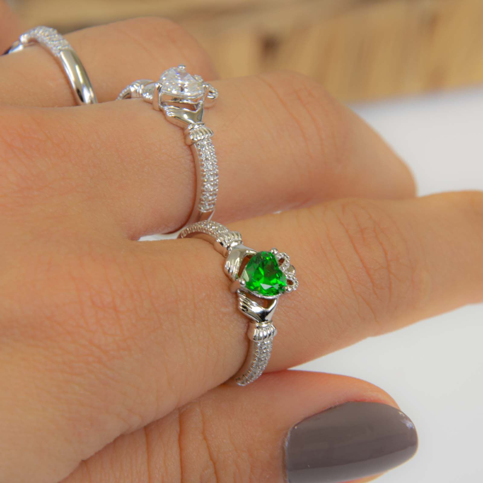 Platinum Plated Claddagh May Birthstone Ring