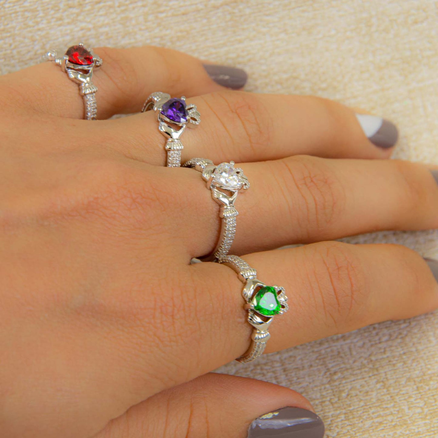 Hallmarked Sterling Silver Claddagh February Birthstone Ring