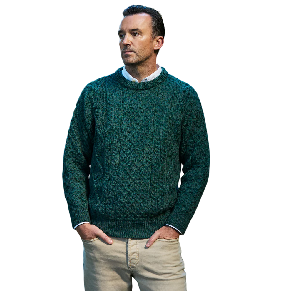 Men's Aran Cable Knit Crew Neck Moss Green Sweater