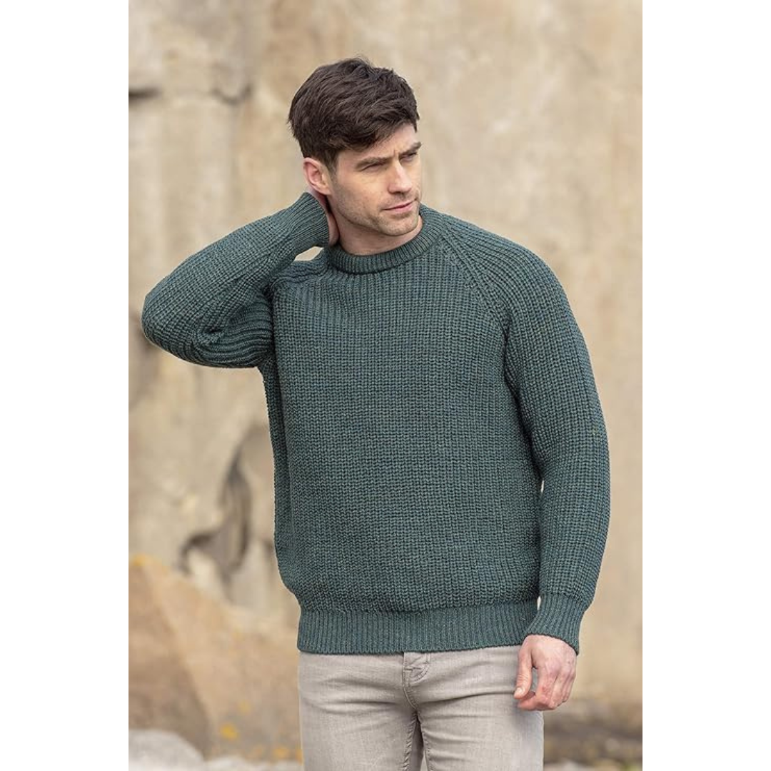 Mens Fisherman Ribbed Aran Sweater Moss
