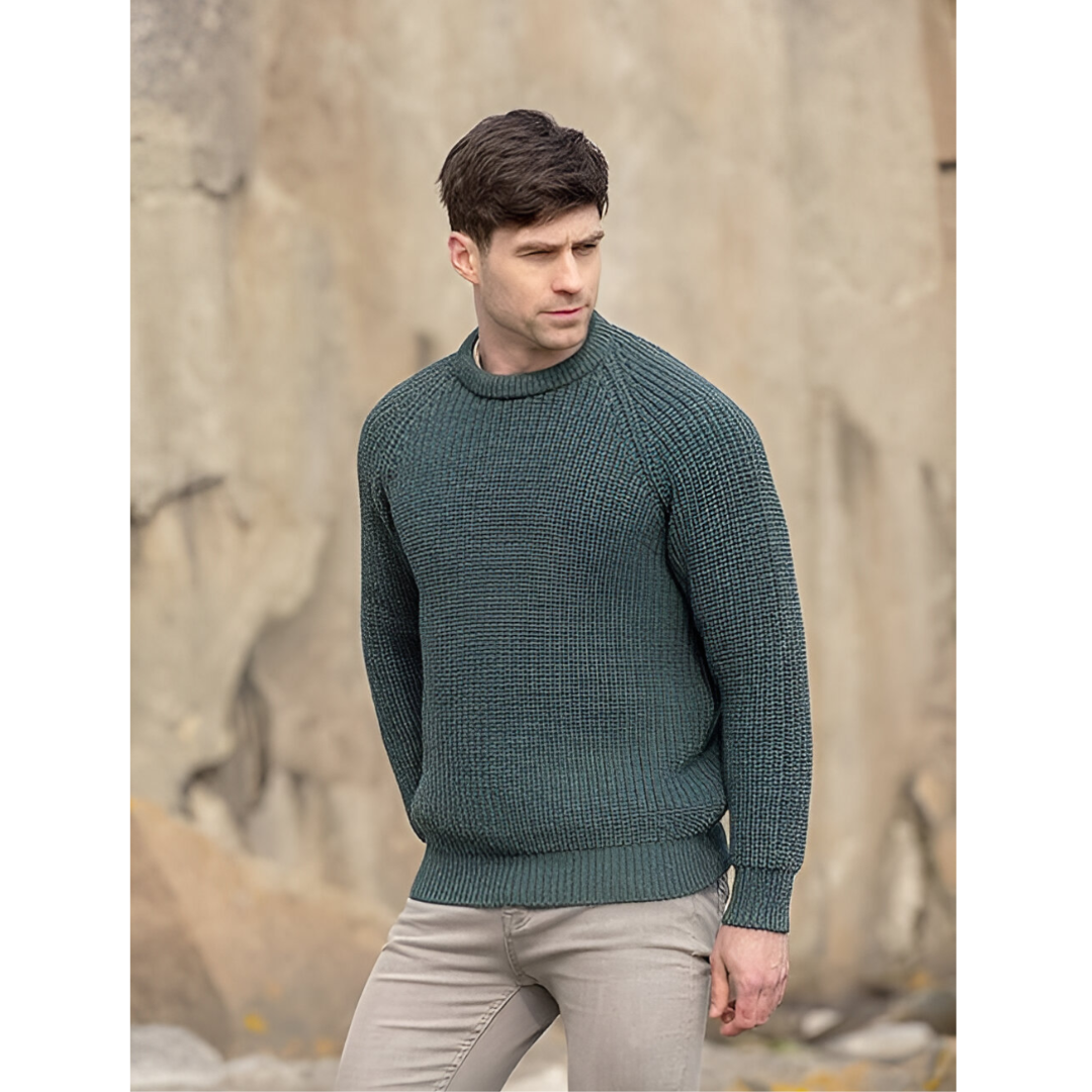 Mens Fisherman Ribbed Aran Sweater Moss