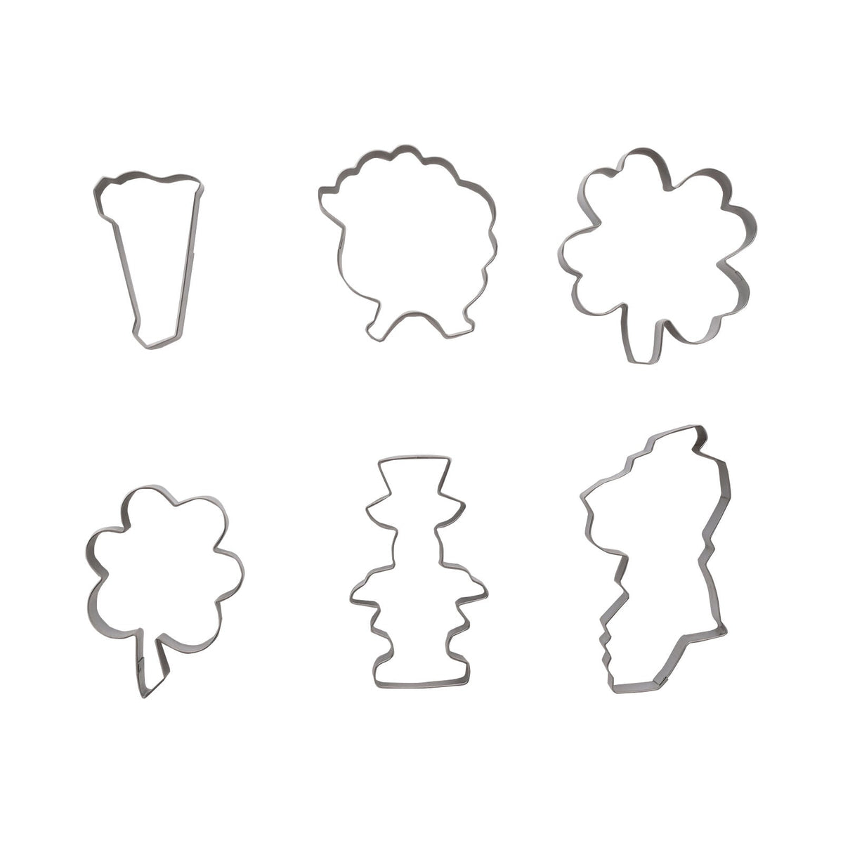 Set of six metal cookie cutters in assorted shapes including cone tree shamrock clover snowman and Ireland silhouette.