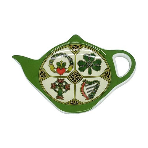 Green teabag holder shaped like a teapot with a circular panel featuring four Ireland symbols shamrock heart cross and harp