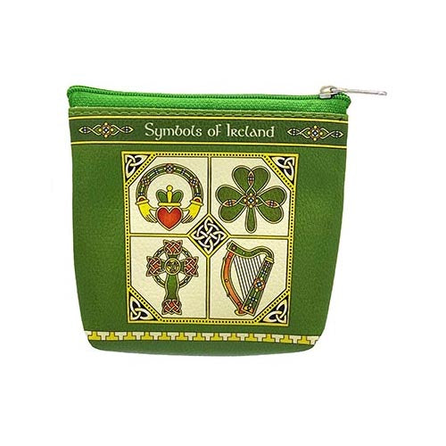 Green Symbols of Ireland zip purse with four panel design showing heart with crown, shamrock, Celtic cross and harp.