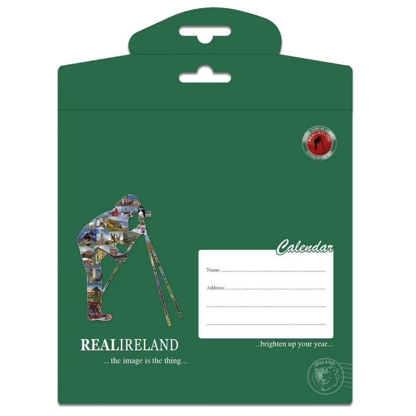 Celtic Mythology Large Calendar 2027 packaging in green with collage artwork and a white address label