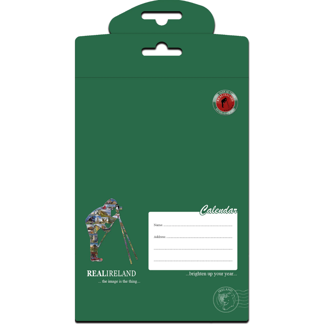 Green Real Ireland calendar packaging with a hanging tab and calendar label area