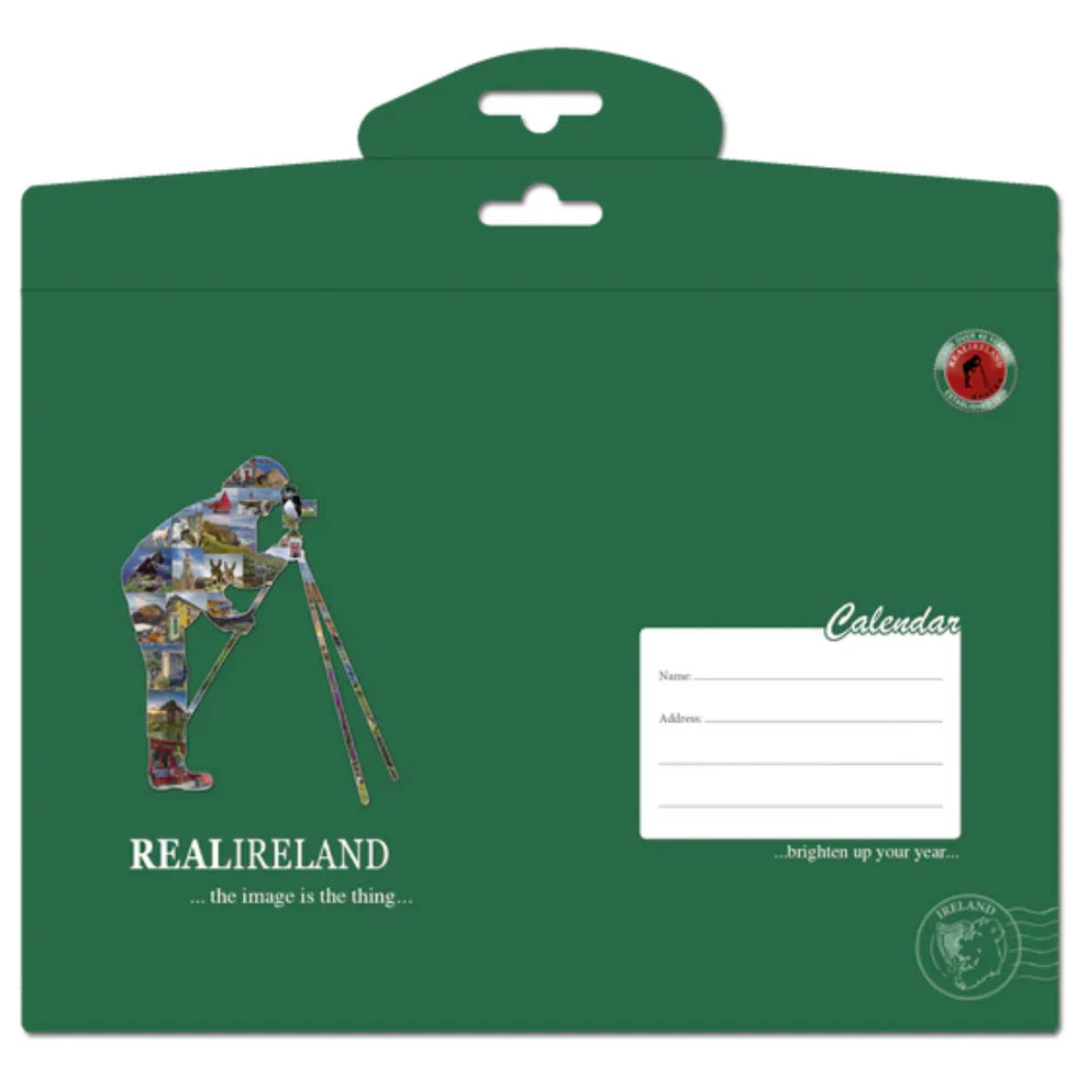 Green Real Ireland calendar packaging with collage artwork on the front and a white form panel