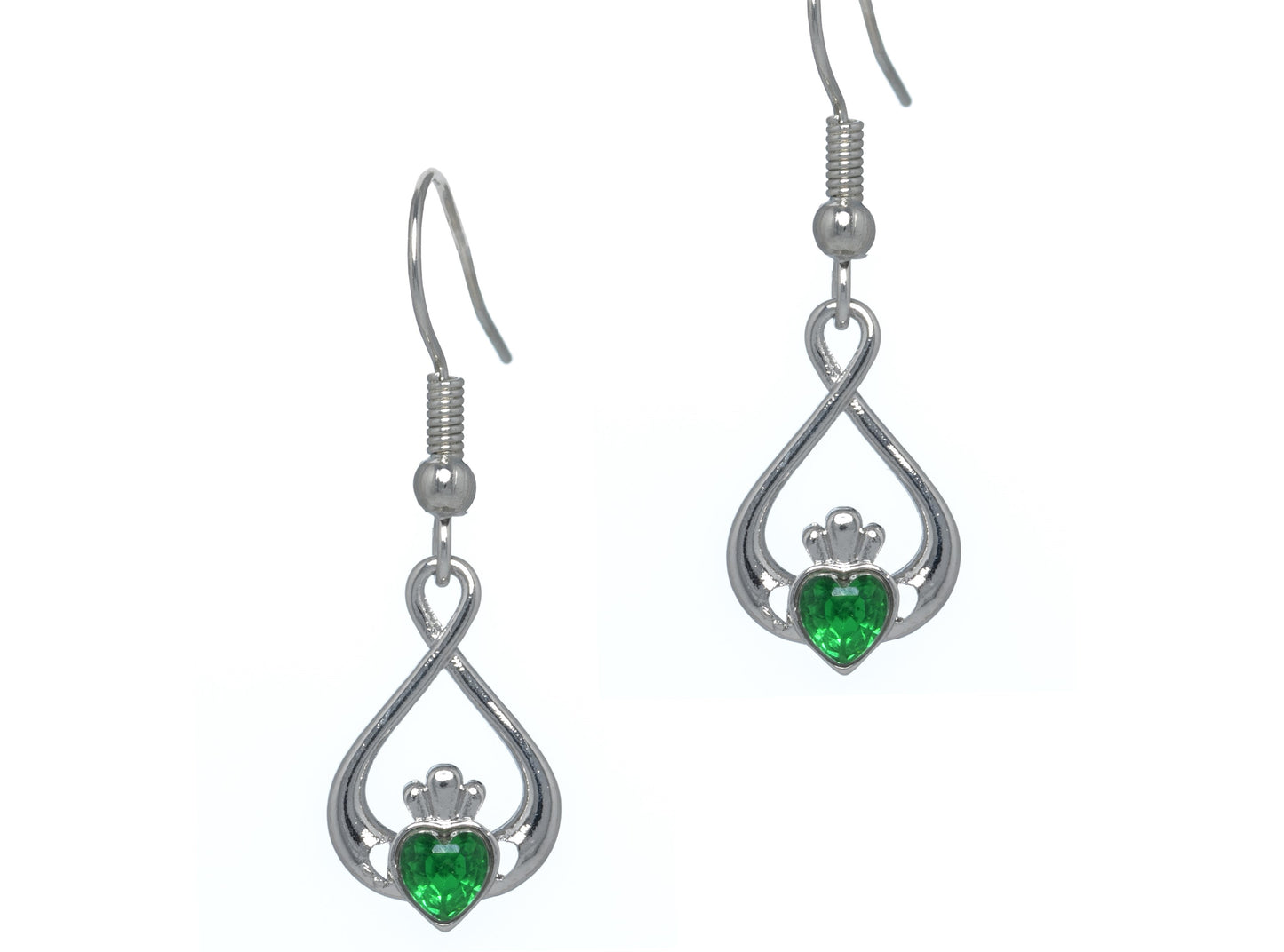 Silver Plated Claddagh Design Green Stone Earrings