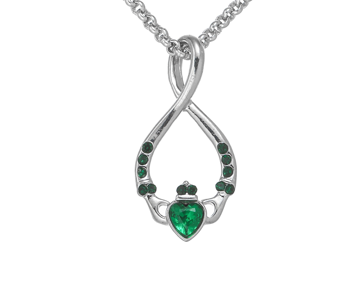 Silver Plated Spiral Claddagh Design Green Stones Pendant