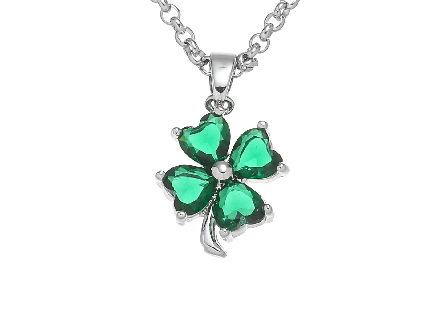 Silver Plated Shamrock Clover Design Green Stone Pendant