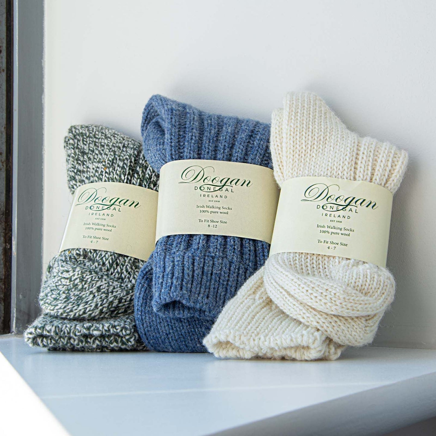 Doogan Donegal 100% Pure Wool Irish Walking Socks Marl Green & White