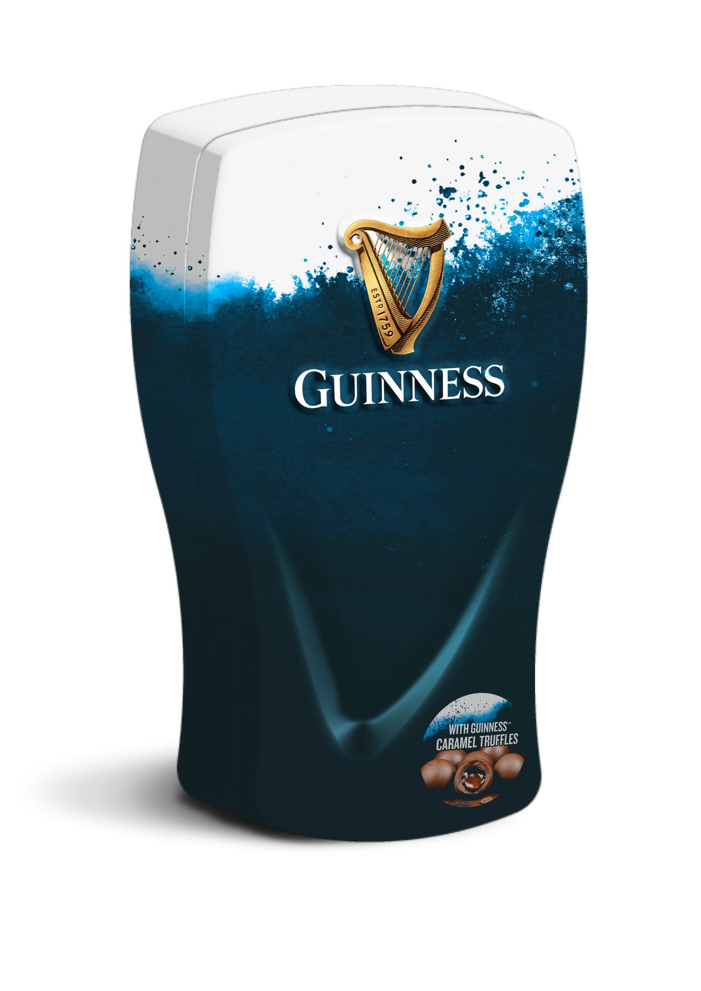 Guinness Chocolate Pint Tin featuring harp logo and caramel truffles.