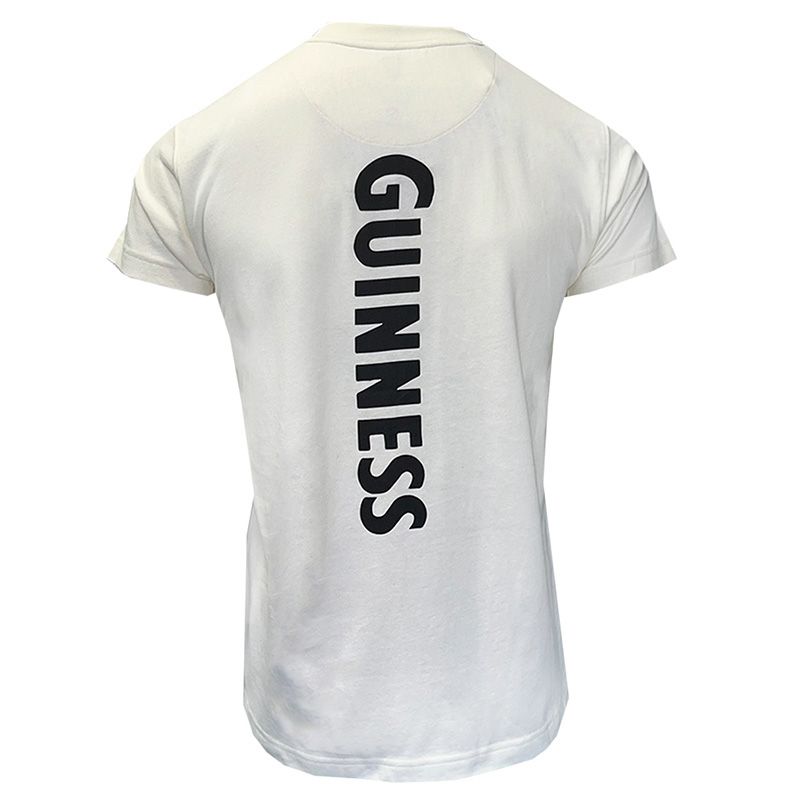 White unisex Guinness T shirt shown from the back with a bold vertical Guinness logo down the center