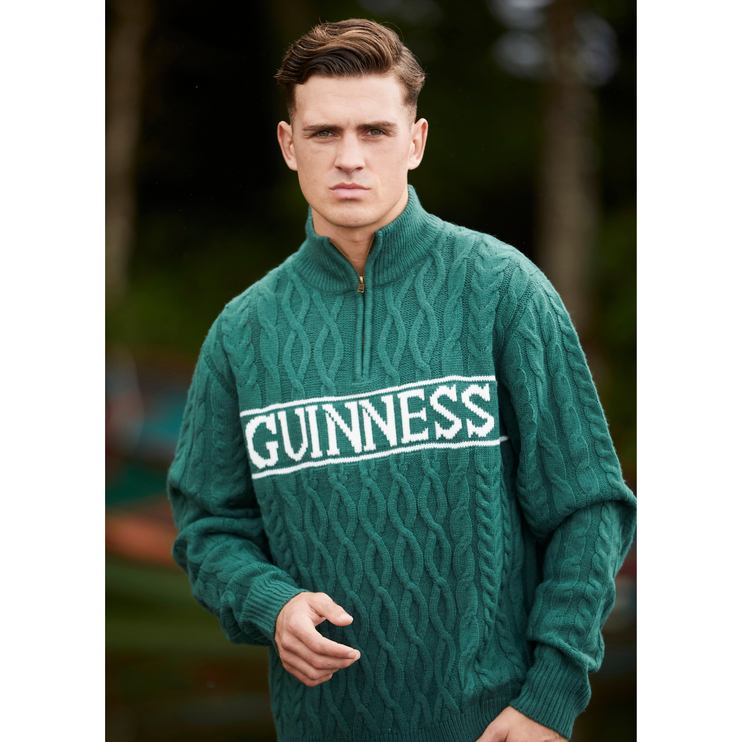 Guinness Aran Knit Style 1/4 Zip Sweater Green