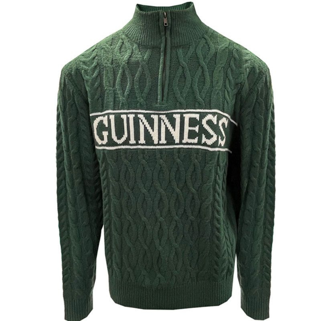 Guinness Aran Knit Style 1/4 Zip Sweater Green
