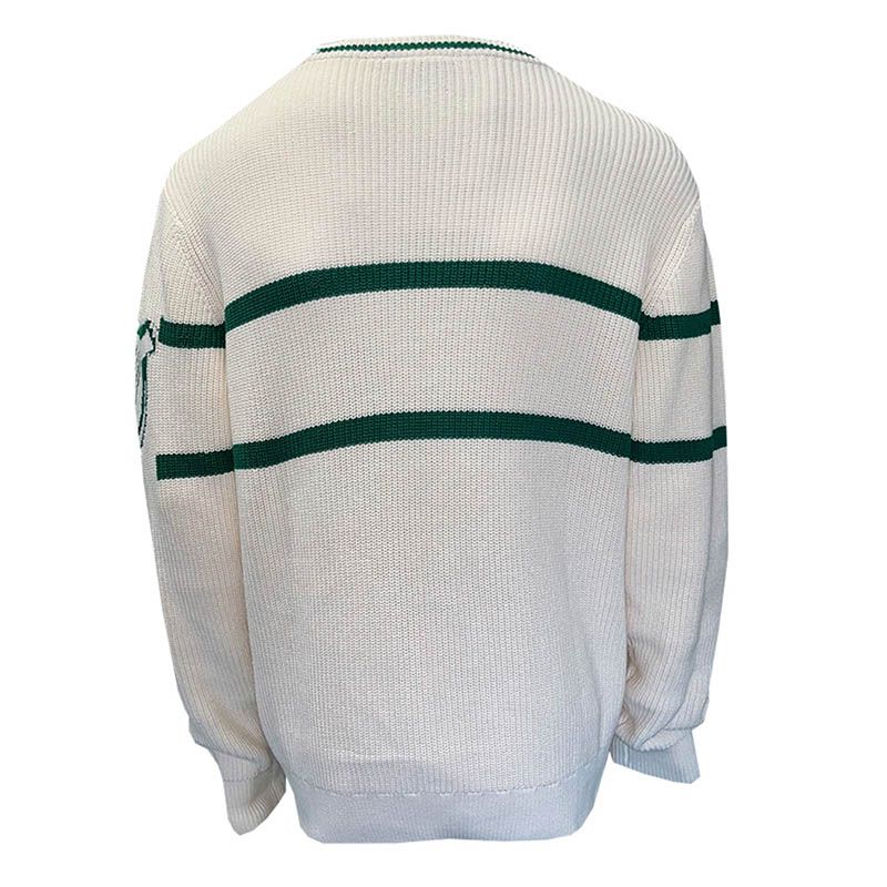 Back view of cream knit Guinness Harp Sleeve sweater with bold green bands across the back.