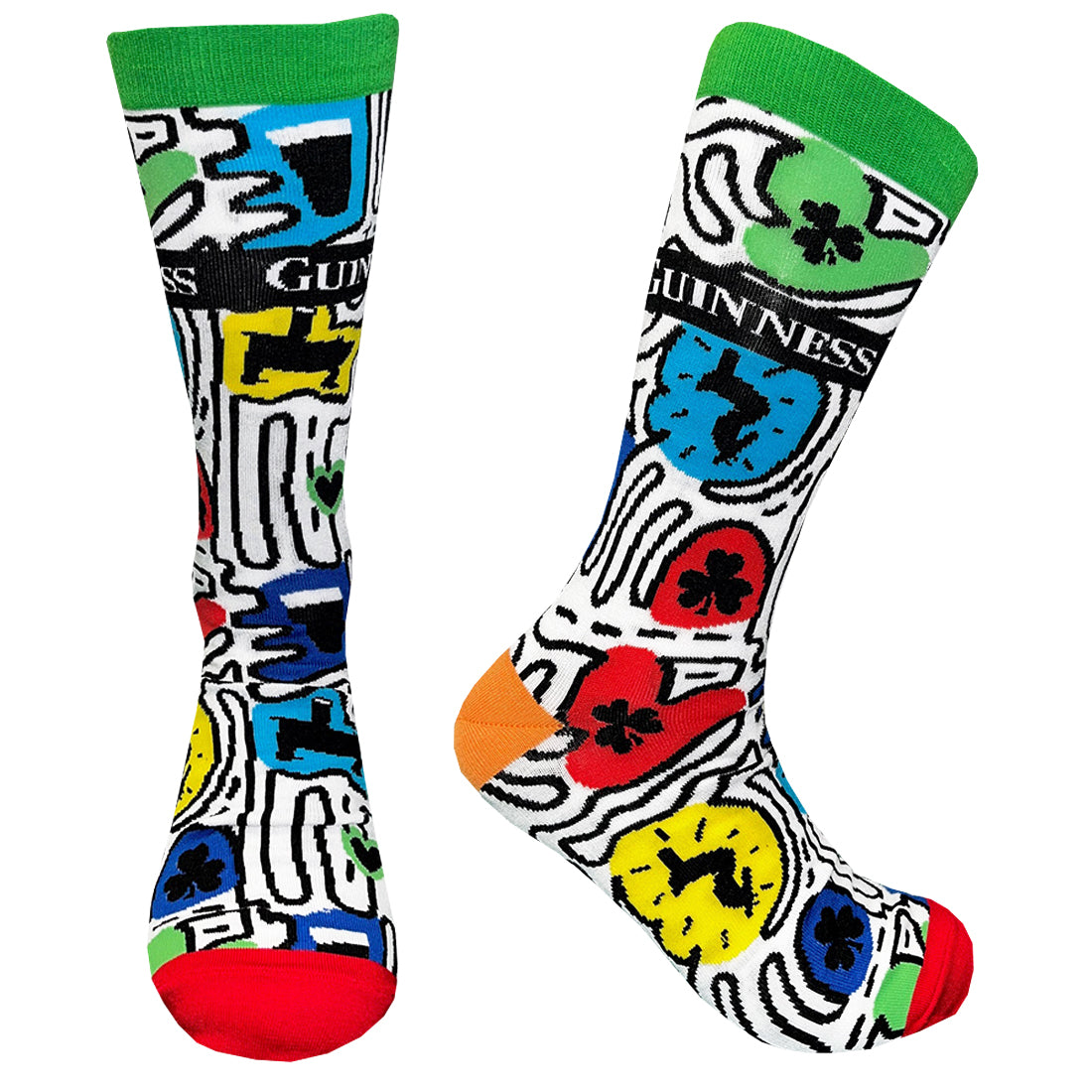 Colorful Guinness doodle socks with bold abstract shapes and a Guinness brand band.