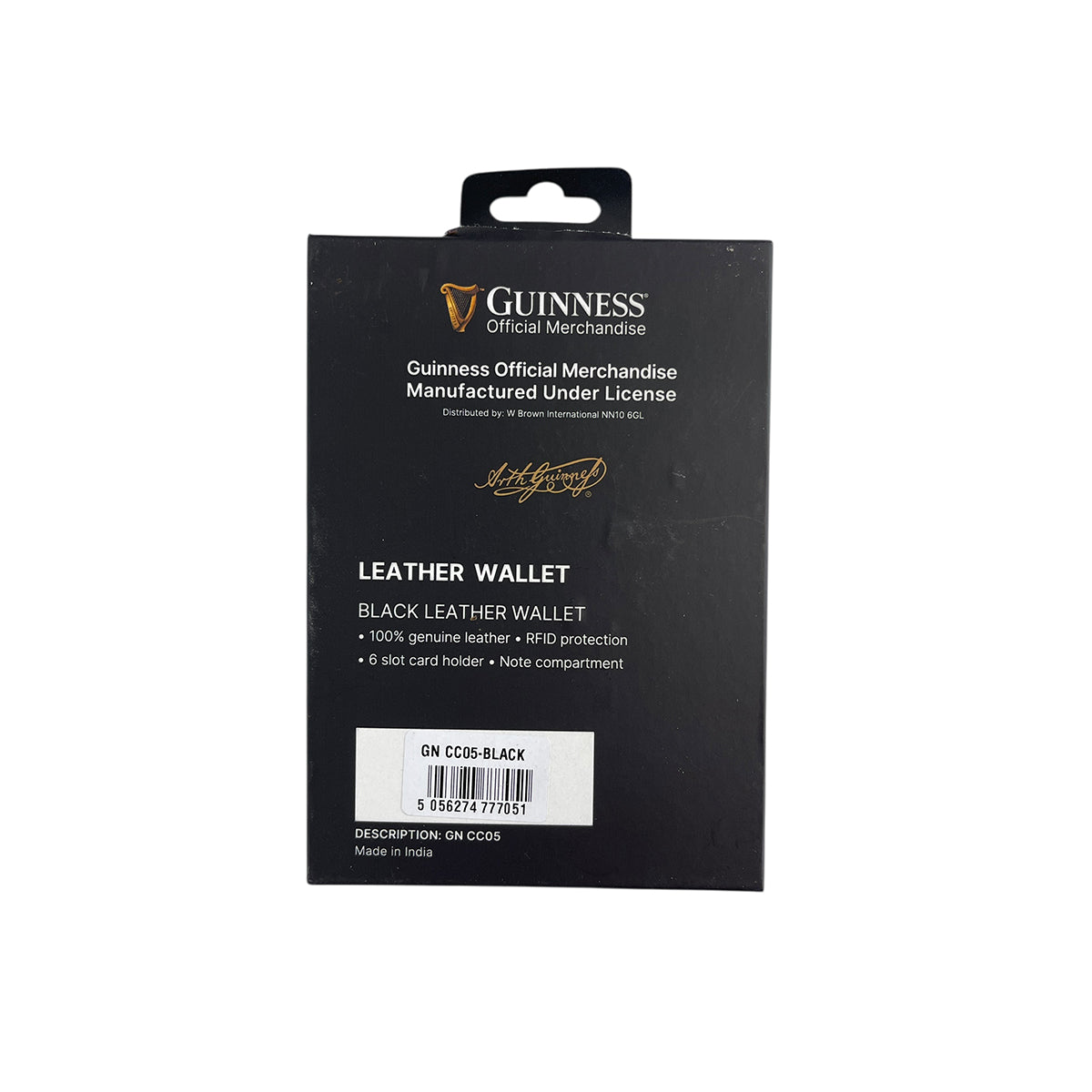 Guinness Official Merchandise black leather wallet packaging in landscape showing six card slots