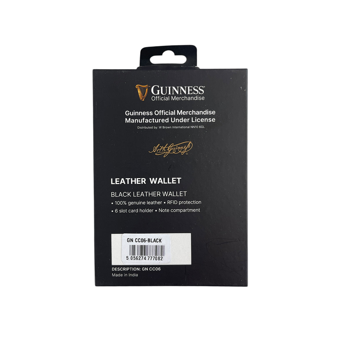 Guinness Official Merchandise 6 slot black leather wallet in retail packaging with barcode