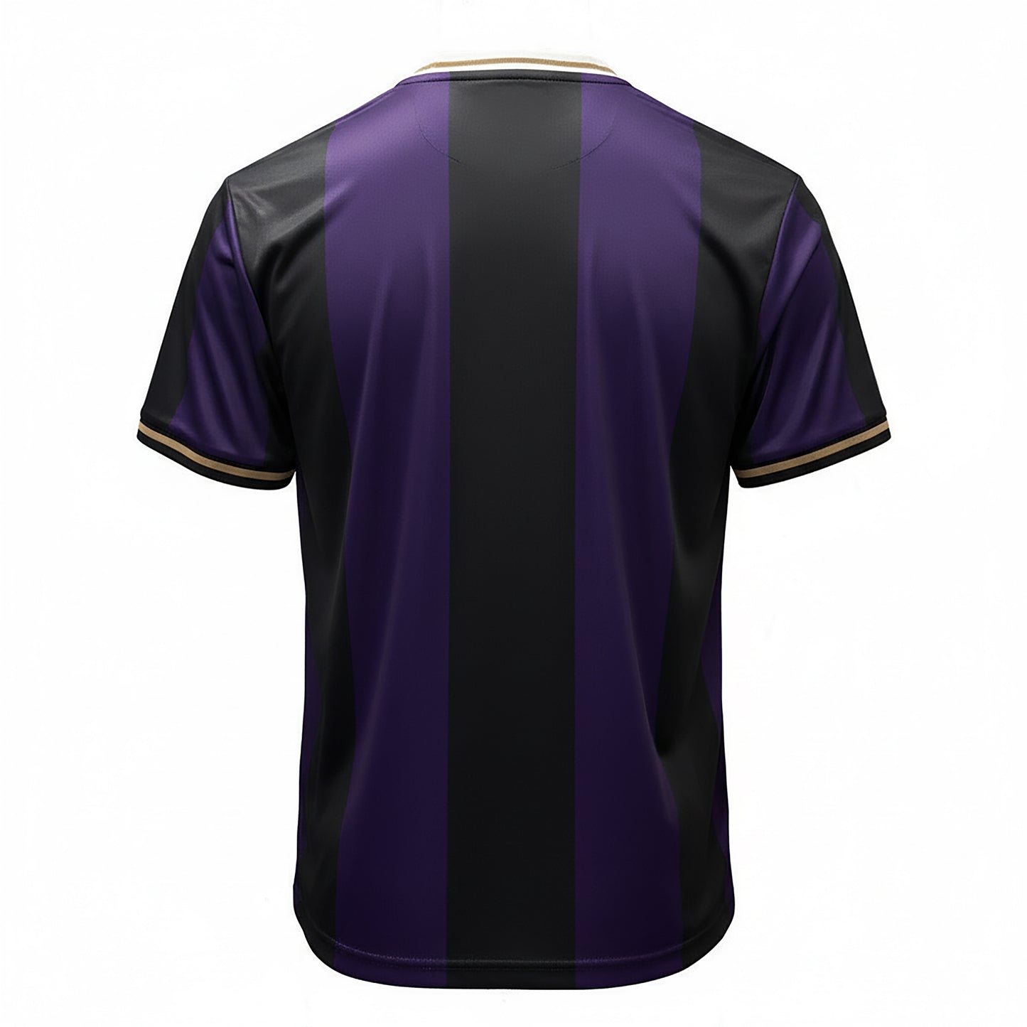 Back view of Guinness black and purple striped football top against a white background