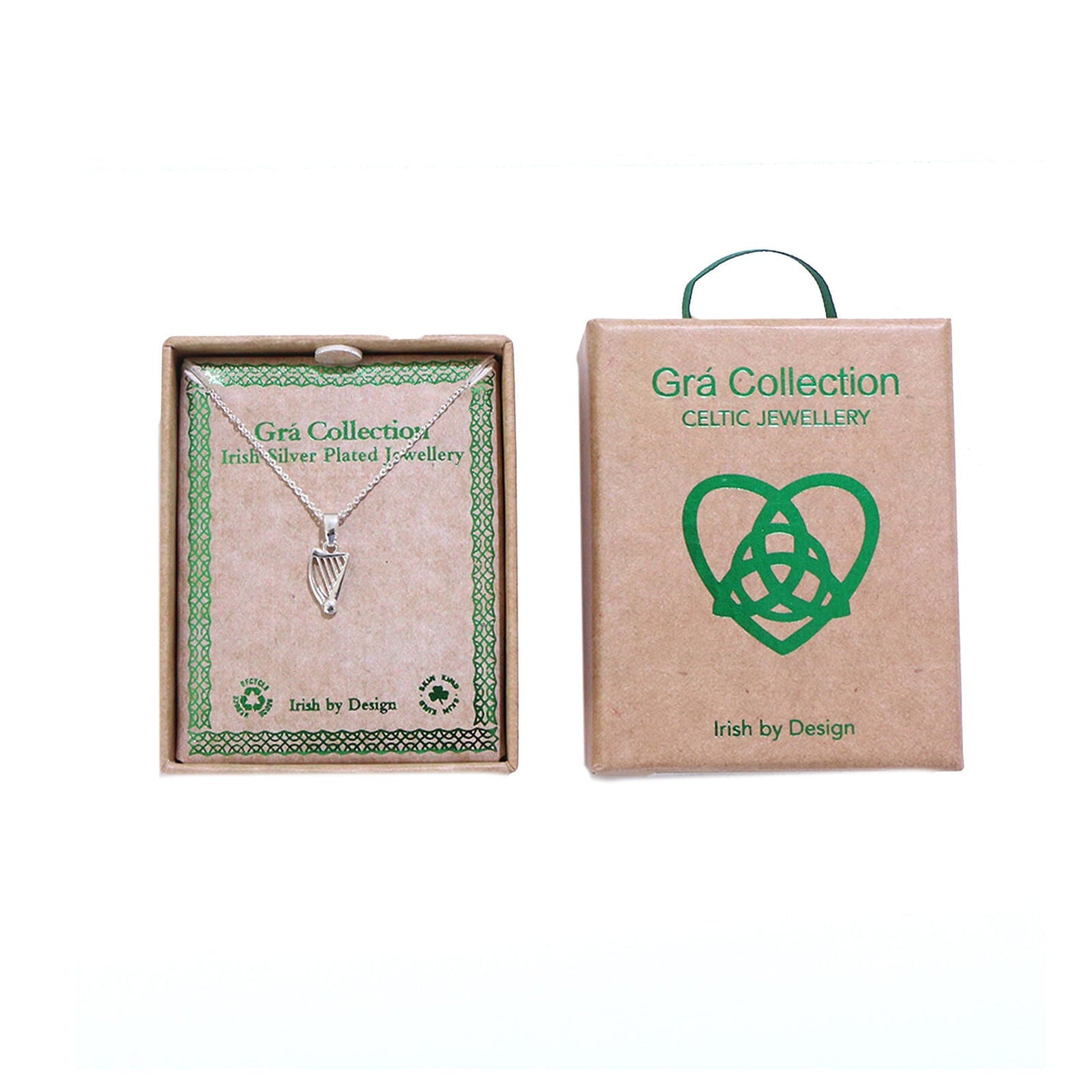 Grá Collection Silver Plated Celtic Harp necklace