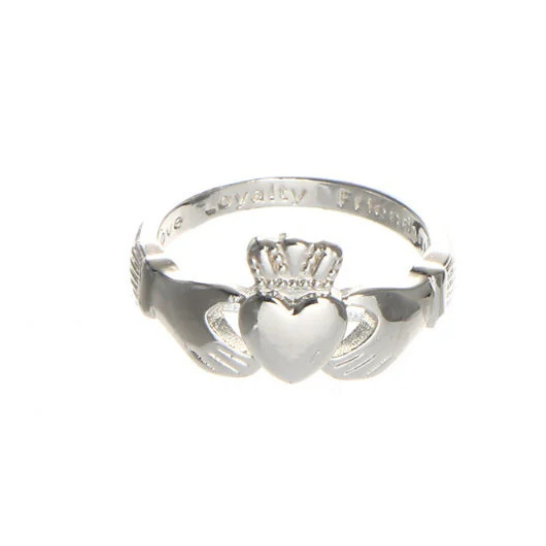Silver ring with two hands holding a crowned heart symbol