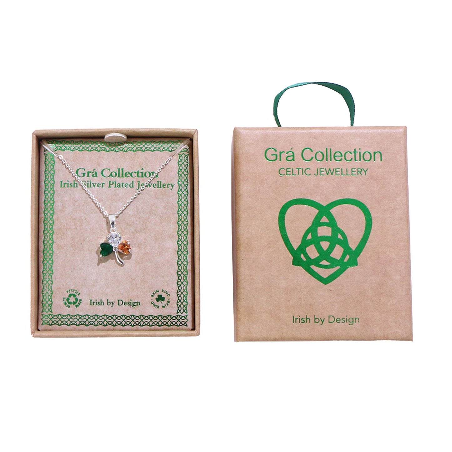 Grá Collection Silver Plated Shamrock With Tri Cubic Zirconia Stones Necklace