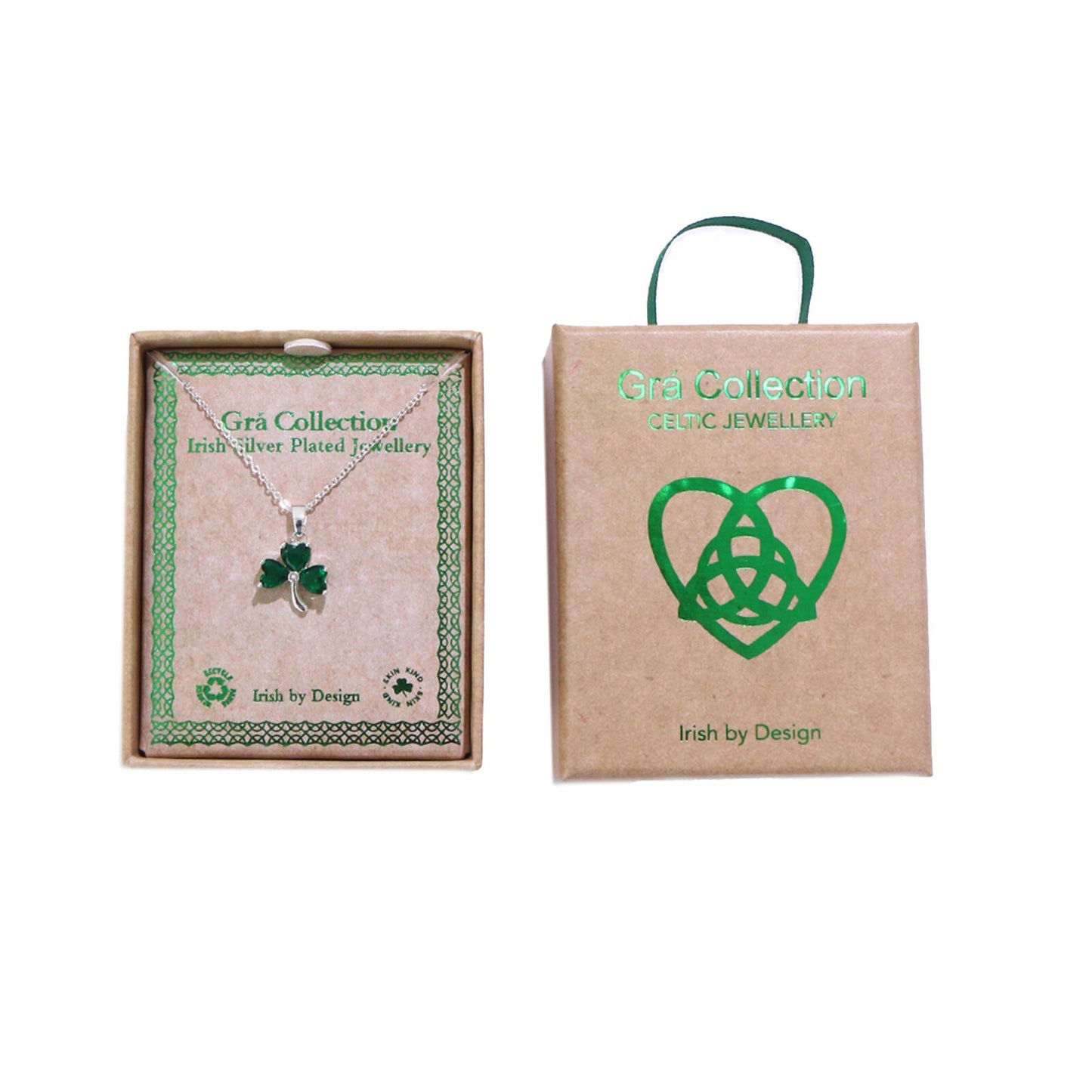 Grá Collection Silver Plated Shamrock With 3 Green Cubic Zirconia Stones Necklace