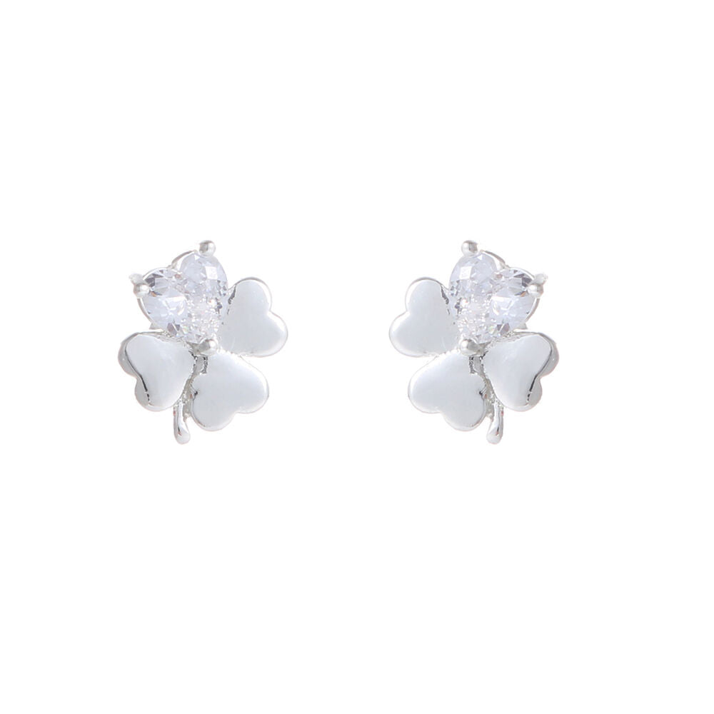 Grá Collection Silver Plated 1 Clear Cubic Zirconia Stones Clover Earrings