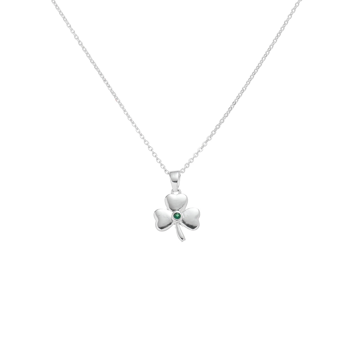 Silver plated shamrock pendant with green center stone on a delicate chain