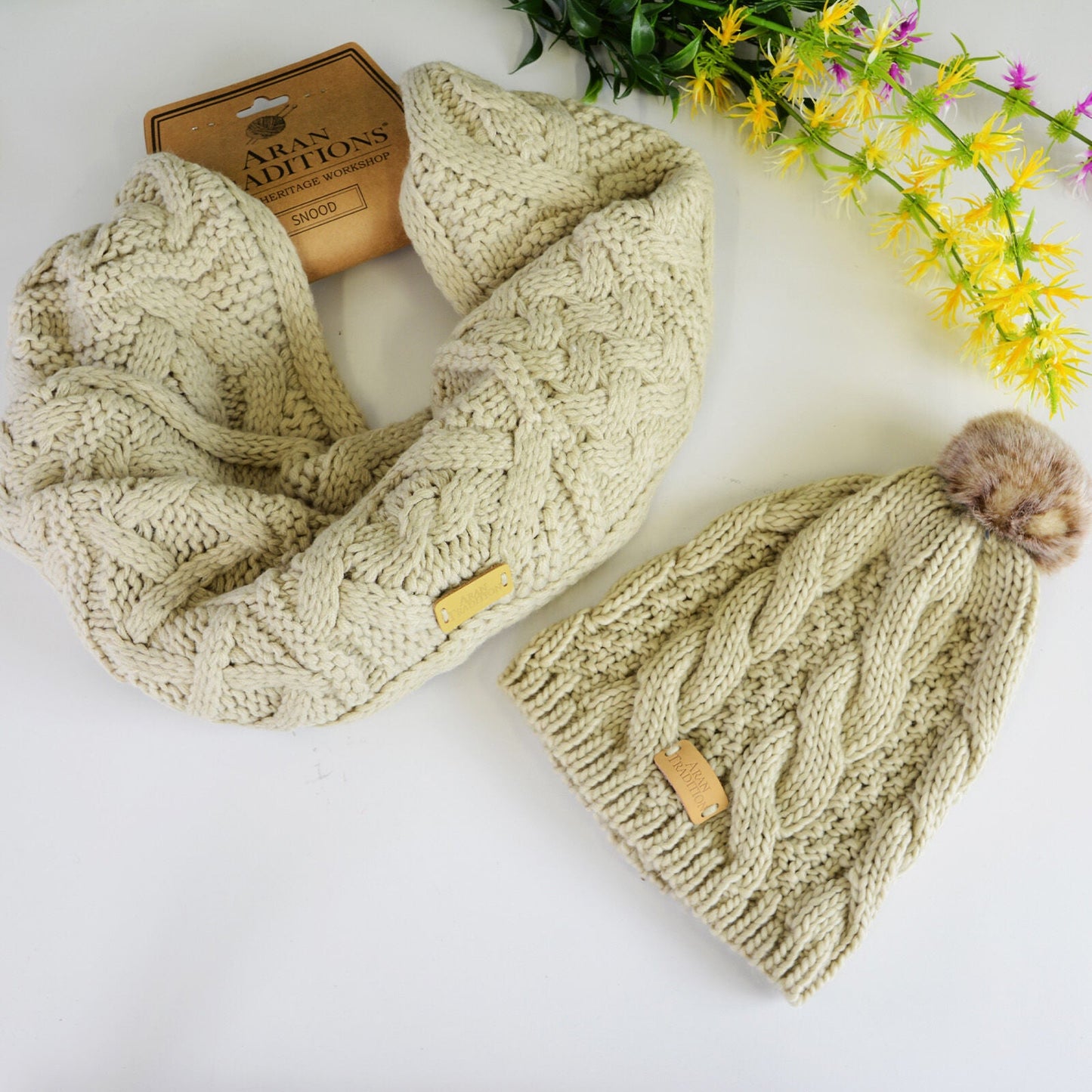 Aran Knit Style Cable Hat & Snood Gift Set Oatmeal