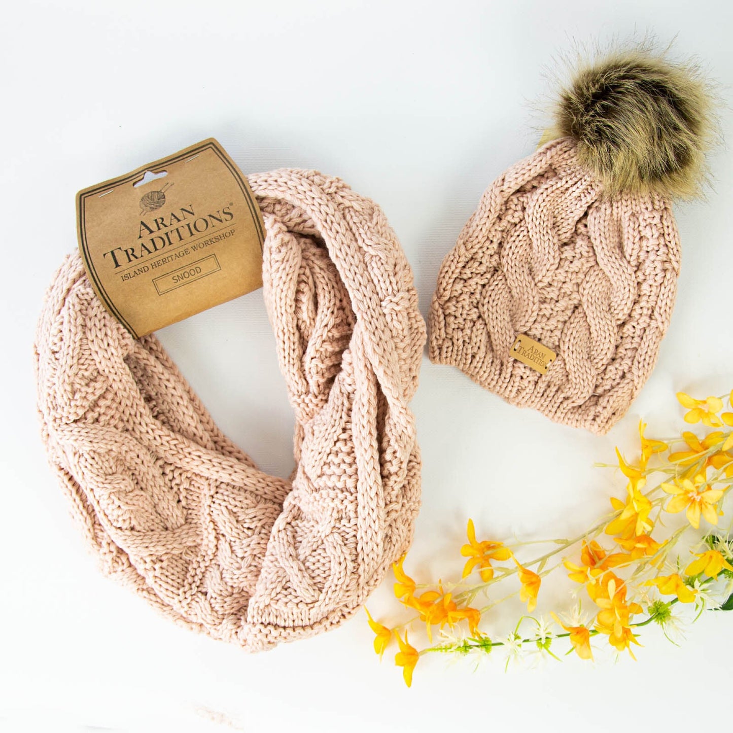 Aran Knit Style Cable Hat & Snood Gift Set Blush