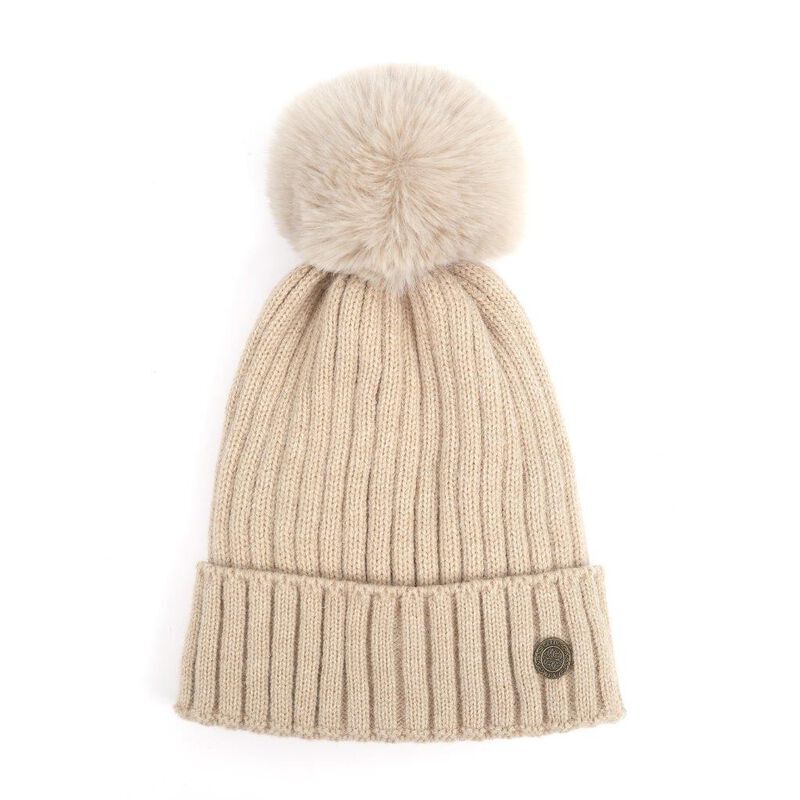 Celtic Weave Ribbed Bobble Hat Beige