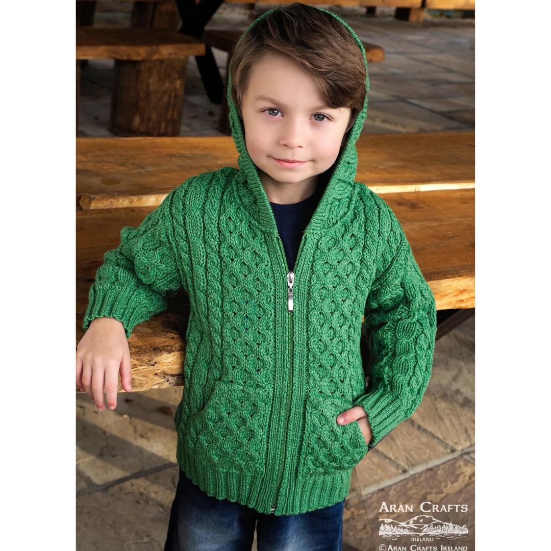 Childrens Aran Hooded Zip Cardigan Green