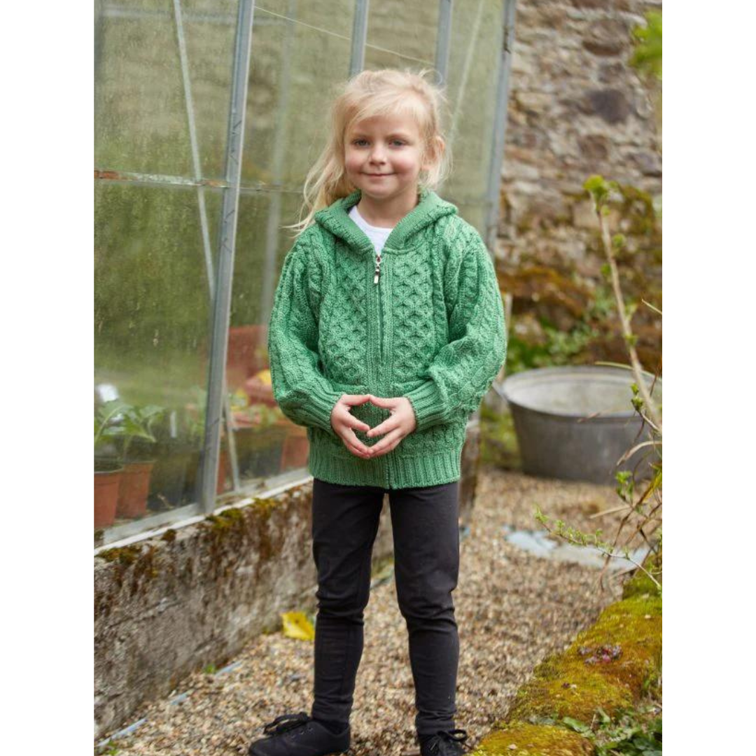 Childrens Aran Hooded Zip Cardigan Green
