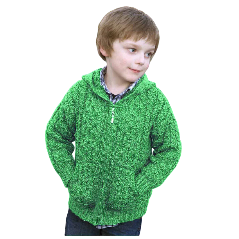 Childrens Aran Hooded Zip Cardigan Green