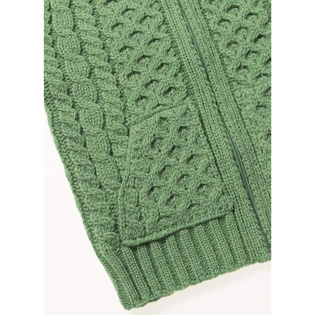 Childrens Aran Hooded Zip Cardigan Green