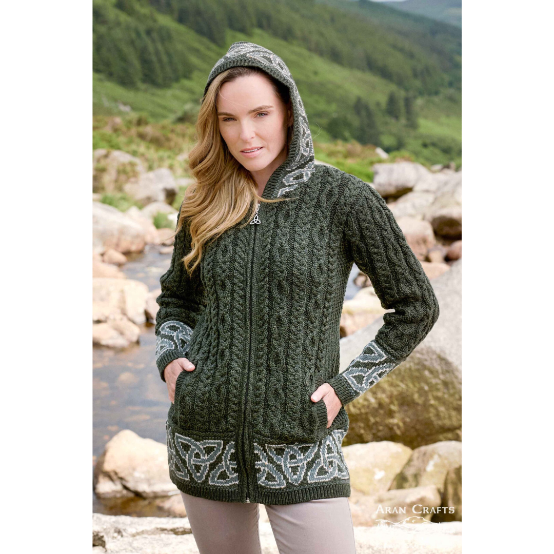 Ladies Celtic Jacquard Zip Hooded Green Coat