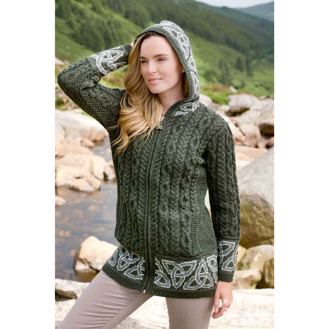 Ladies Celtic Jacquard Zip Hooded Green Coat