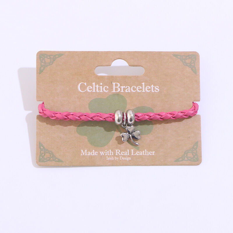 Celtic Leather Weave Bracelet With Shamrock Charm Pink
